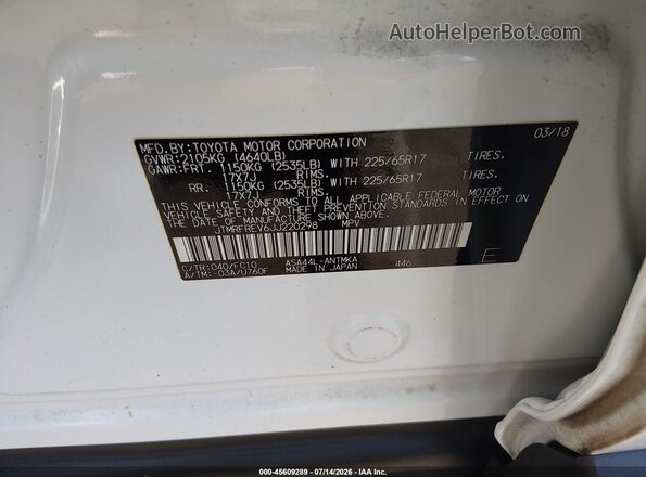 JTMRFREV6JJ220298 2018 TOYOTA RAV4 Белый Вид подкапотного пространства