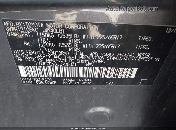 JTMRFREV8JJ728031 2018 TOYOTA RAV4 Gray Engine compartment view