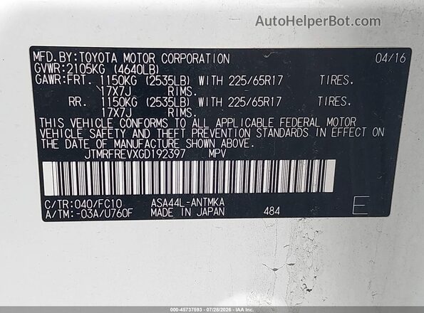 JTMRFREVXGD192397 2016 TOYOTA RAV4 White Շարժիչի բաժամունքի տեսք