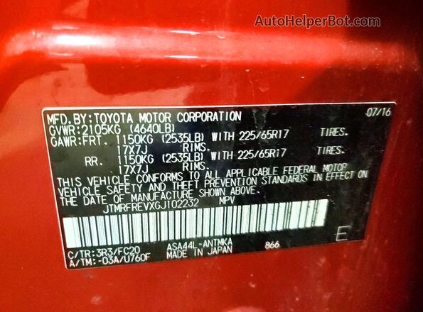 JTMRFREVXGJ102232 2016 TOYOTA RAV4 Red Vista de la etiqueta del VIN