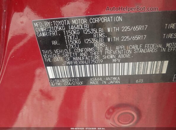 JTMRFREVXHJ175019 2017 TOYOTA RAV4 Red Вид підкапотного простору