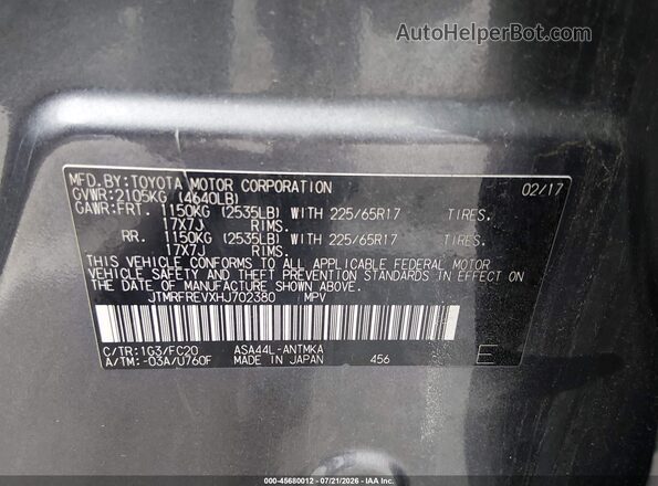 JTMRFREVXHJ702380 2017 TOYOTA RAV4 Gray Vista del compartimento del motor