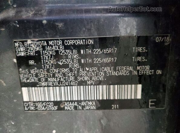 JTMRFREVXJJ241462 2018 TOYOTA RAV4 Charcoal VIN sticker view