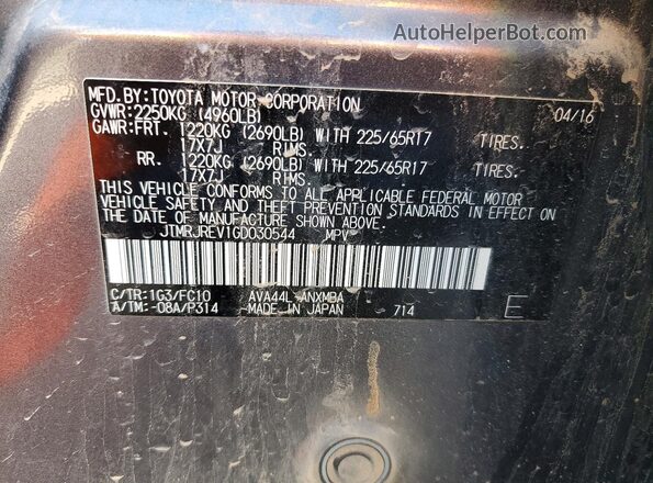 JTMRJREV1GD030544 2016 TOYOTA RAV4 Charcoal Vista de la etiqueta del VIN
