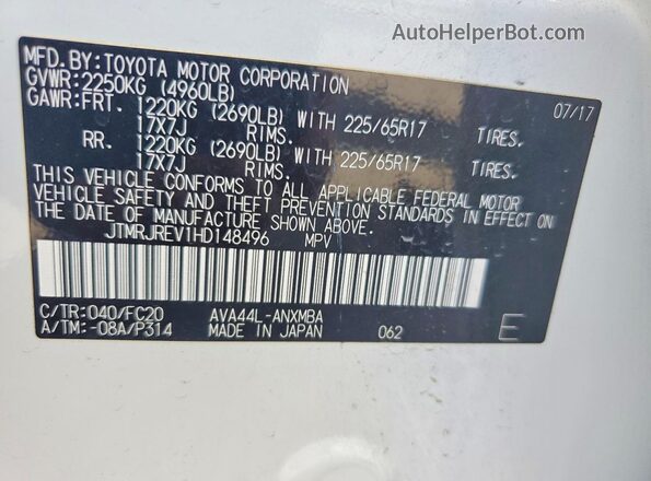 JTMRJREV1HD148496 2017 TOYOTA RAV4 White Vista de la etiqueta del VIN