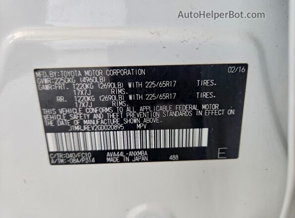 JTMRJREV2GD020895 2016 TOYOTA RAV4 White Widok naklejki z numerem VIN