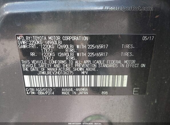 JTMRJREV2HD136275 2017 TOYOTA RAV4 HYBRID Gray Շարժիչի բաժամունքի տեսք