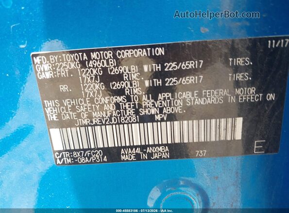 JTMRJREV2JD182081 2018 TOYOTA RAV4 HYBRID Blue Vista del compartimento del motor