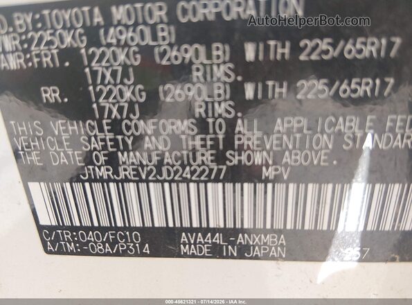 JTMRJREV2JD242277 2018 TOYOTA RAV4 HYBRID White Widok komory silnika