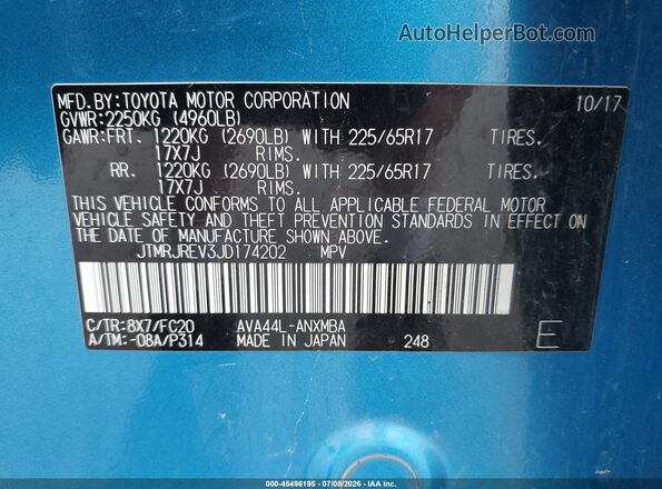 JTMRJREV3JD174202 2018 TOYOTA RAV4 HYBRID Blue ძრავის განყოფილების ხედი