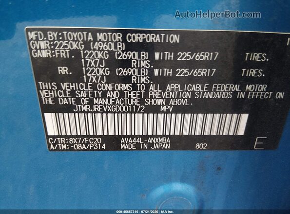 JTMRJREVXGD001172 2016 TOYOTA RAV4 HYBRID Blue Vista del compartimento del motor