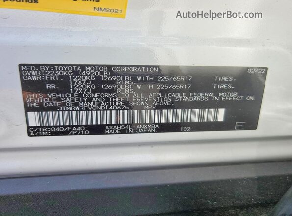 JTMRWRFV0ND140675 2022 TOYOTA RAV4 White Vista de la etiqueta del VIN