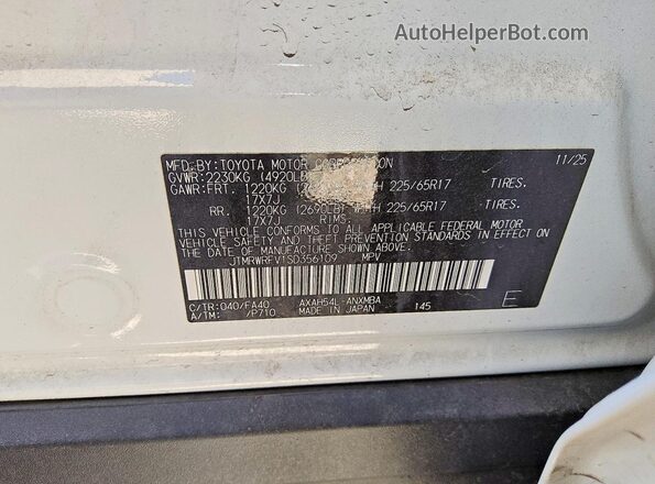 JTMRWRFV1SD356109 2025 TOYOTA RAV4 White VIN sticker view