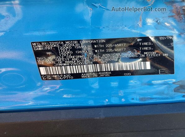 JTMRWRFV2KD003894 2019 TOYOTA RAV4 Синий Вид наклейки с VIN-кодом