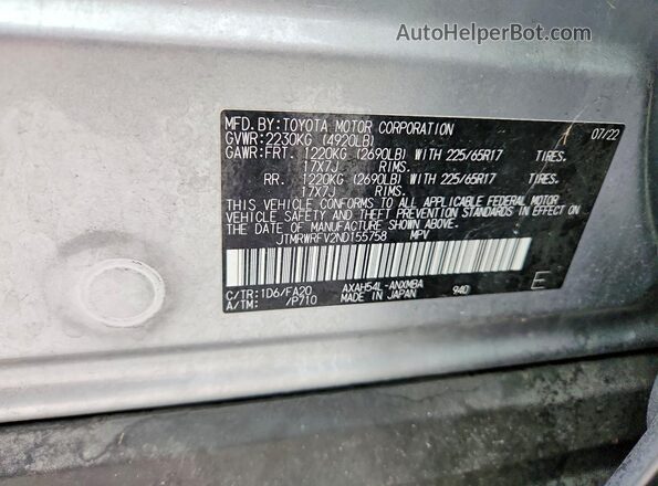 JTMRWRFV2ND155758 2022 TOYOTA RAV4 Silver VIN კოდის სტიკერის ხედი