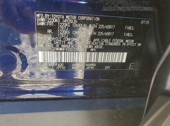 JTMRWRFV3SD329994 2025 TOYOTA RAV4 Blue Vista interior de 360 grados