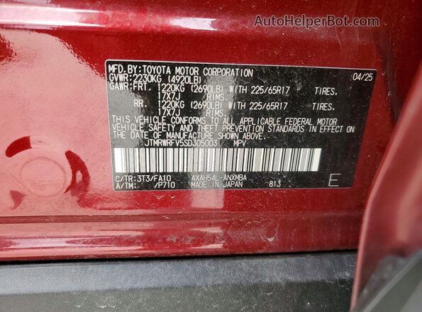 JTMRWRFV5SD305003 2025 TOYOTA RAV4 Red Vista de la etiqueta del VIN
