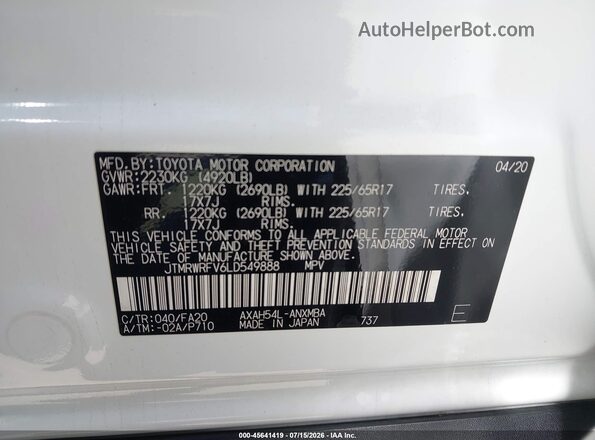 JTMRWRFV6LD549888 2020 TOYOTA RAV4 HYBRID White Вид підкапотного простору