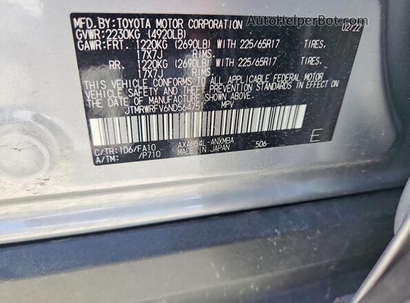 JTMRWRFV6ND564751 2022 TOYOTA RAV4 Серебряный Вид наклейки с VIN-кодом