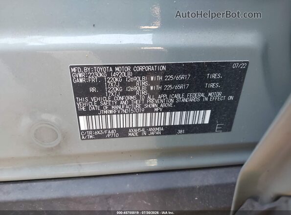 JTMRWRFV7ND157019 2022 TOYOTA RAV4 HYBRID Gray Vista del compartimento del motor