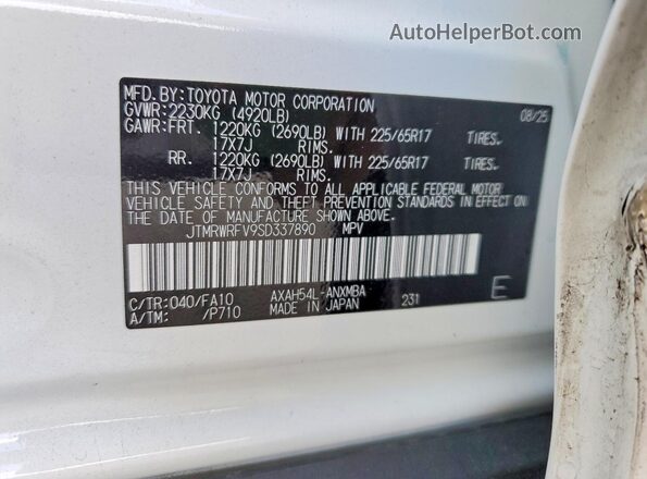 JTMRWRFV9SD337890 2025 TOYOTA RAV4 White VIN sticker view