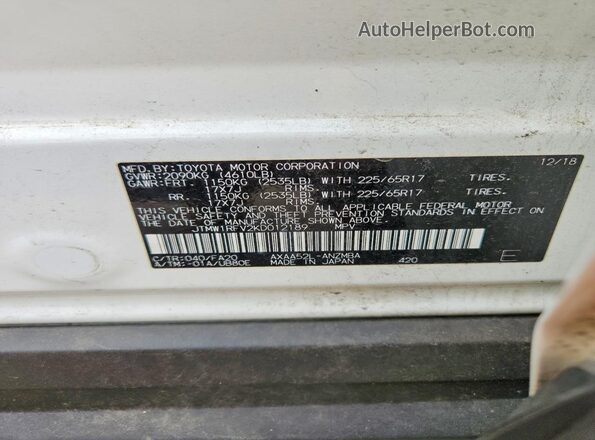 JTMW1RFV2KD012189 2019 TOYOTA RAV4 White Vista de la etiqueta del VIN