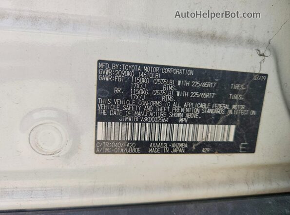 JTMW1RFV3KD032564 2019 TOYOTA RAV4 White VIN կոդի պիտակի տեսք