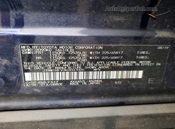 JTMW1RFV3KD037005 2019 TOYOTA RAV4 Blue VIN sticker view