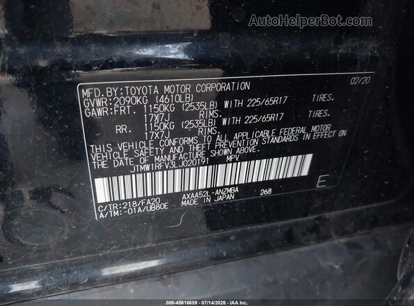 JTMW1RFV3LJ020191 2020 TOYOTA RAV4 Black Вид підкапотного простору