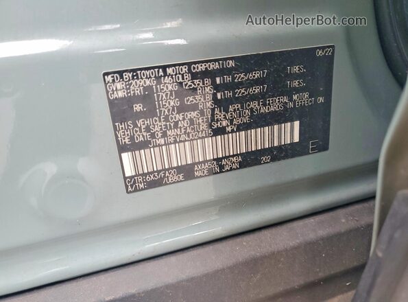 JTMW1RFV4NJ024415 2022 TOYOTA RAV4 Зеленый Вид наклейки с VIN-кодом