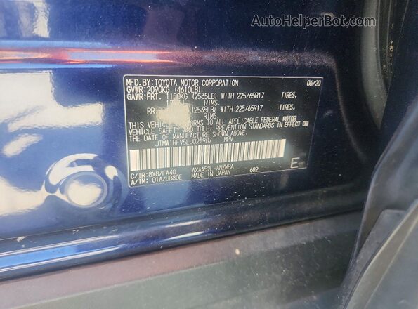 JTMW1RFV5LJ021987 2020 TOYOTA RAV4 Blue VIN კოდის სტიკერის ხედი