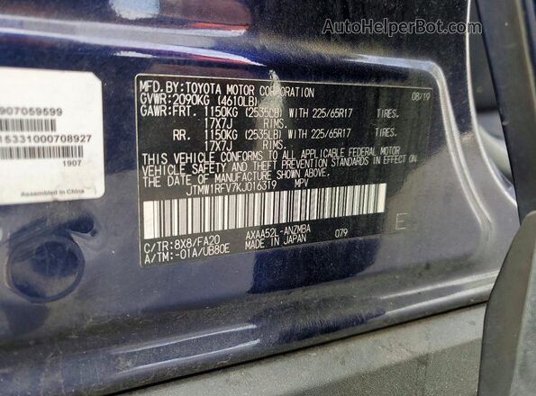 JTMW1RFV7KJ016319 2019 TOYOTA RAV4 Синий Вид наклейки с VIN-кодом