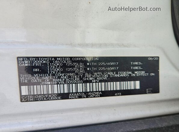 JTMW1RFV8LD059065 2020 TOYOTA RAV4 White VIN sticker view