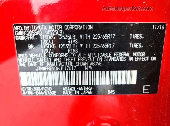 JTMWFREV0HJ117617 2017 TOYOTA RAV4 Red VIN sticker view