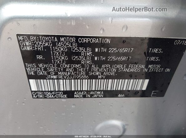 JTMWFREV2JJ195886 2018 TOYOTA RAV4 Silver Вид підкапотного простору
