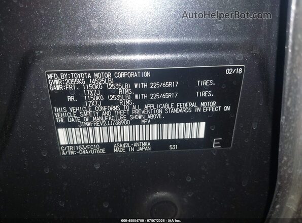 JTMWFREV2JJ738900 2018 TOYOTA RAV4 Gray ძრავის განყოფილების ხედი