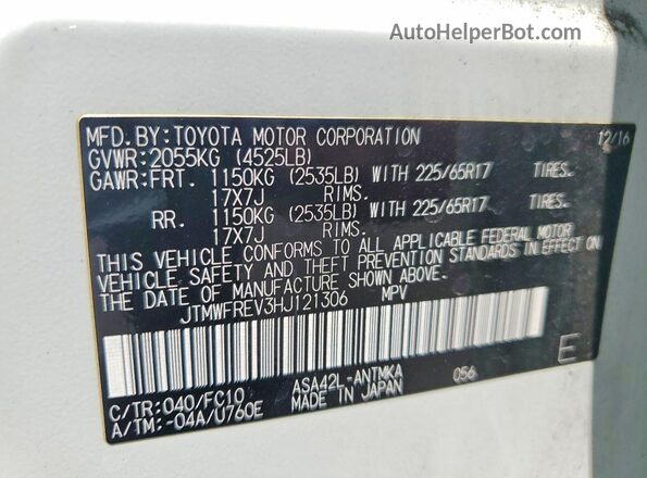 JTMWFREV3HJ121306 2017 TOYOTA RAV4 White Widok naklejki z numerem VIN