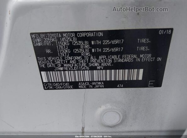 JTMWFREV3JD115476 2018 TOYOTA RAV4 Белый Вид подкапотного пространства