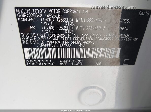 JTMWFREV4JJ182766 2018 TOYOTA RAV4 White Widok komory silnika