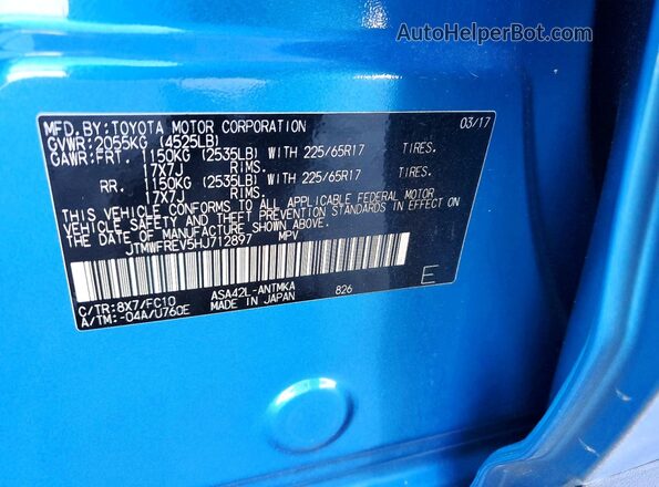 JTMWFREV5HJ712897 2017 TOYOTA RAV4 Blue VIN կոդի պիտակի տեսք