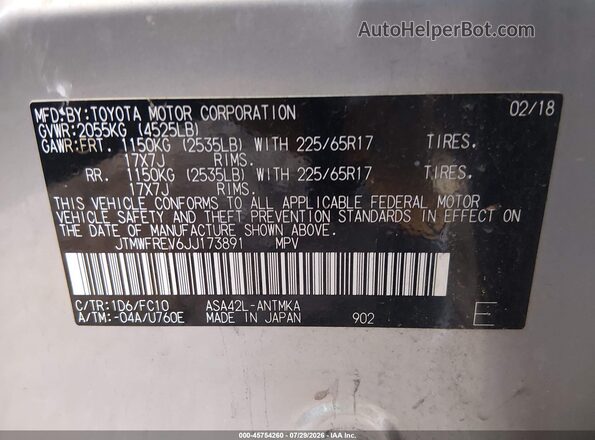 JTMWFREV6JJ173891 2018 TOYOTA RAV4 Silver ძრავის განყოფილების ხედი
