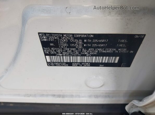 JTMWFREV6JJ192179 2018 TOYOTA RAV4 White Engine compartment view