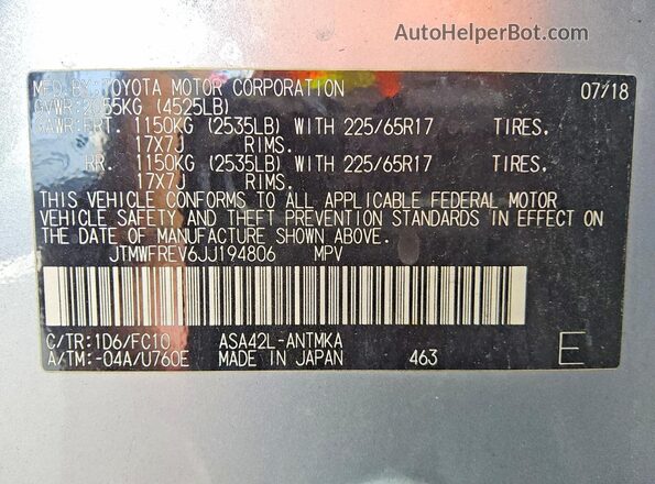 JTMWFREV6JJ194806 2018 TOYOTA RAV4 Gray VIN კოდის სტიკერის ხედი