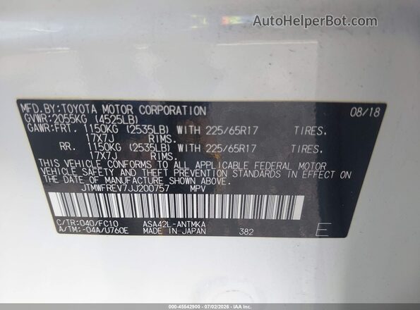 JTMWFREV7JJ200757 2018 TOYOTA RAV4 White Engine compartment view