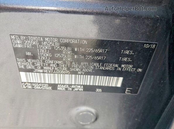 JTMWFREV7JJ208695 2018 TOYOTA RAV4 Gray Vista de la etiqueta del VIN