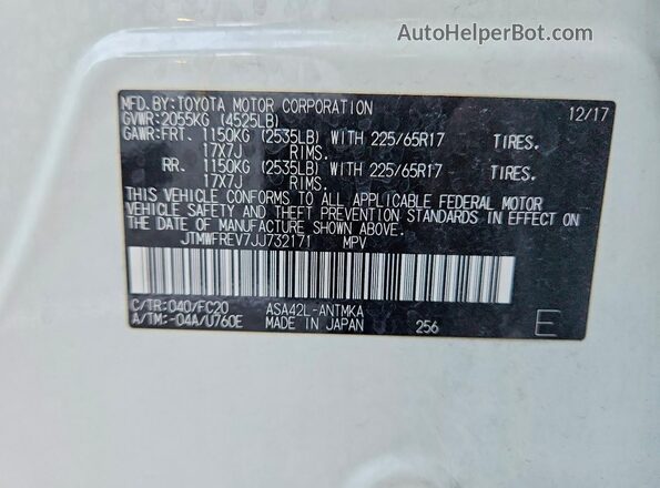 JTMWFREV7JJ732171 2018 TOYOTA RAV4 White Widok naklejki z numerem VIN