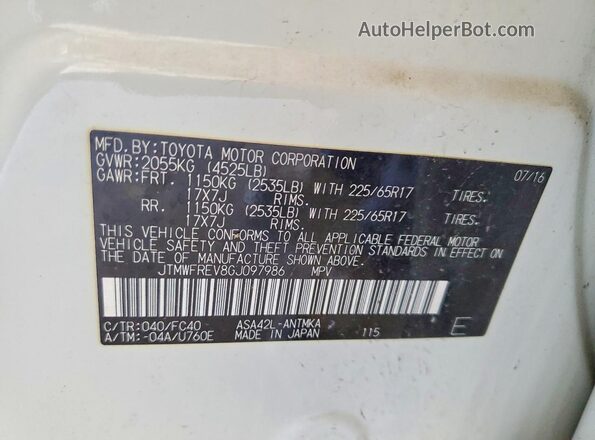 JTMWFREV8GJ097986 2016 TOYOTA RAV4 White VIN կոդի պիտակի տեսք