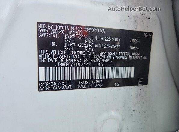 JTMWFREV8HD102362 2017 TOYOTA RAV4 Белый Вид наклейки с VIN-кодом