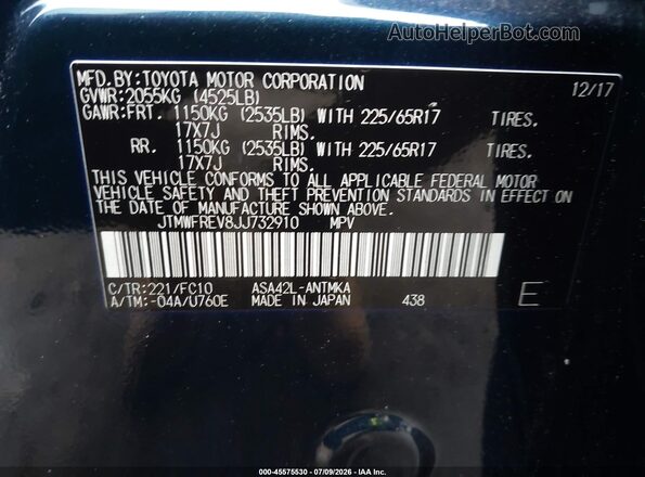 JTMWFREV8JJ732910 2018 TOYOTA RAV4 Blue Вид підкапотного простору