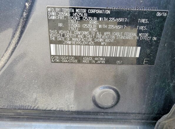 JTMWFREV9GJ091405 2016 TOYOTA RAV4 Gray VIN կոդի պիտակի տեսք